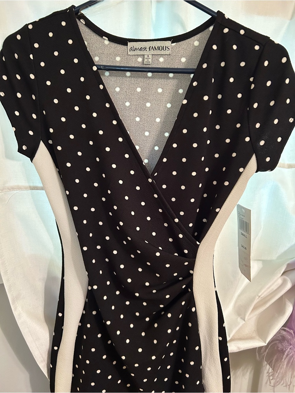 NWT Almost Famous Black and White Polka Dot Faux-Wrap Mini Dress